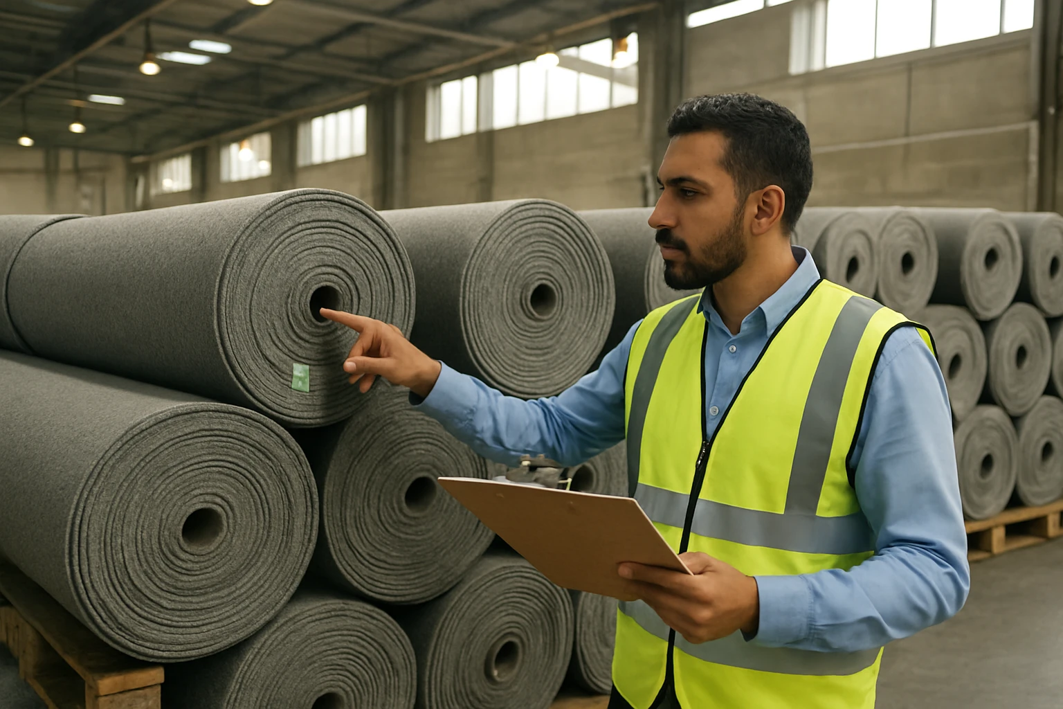 A QA technician inspects fire-rating documents and recycled PET broadloom carpet rolls in a Dubai warehouse.