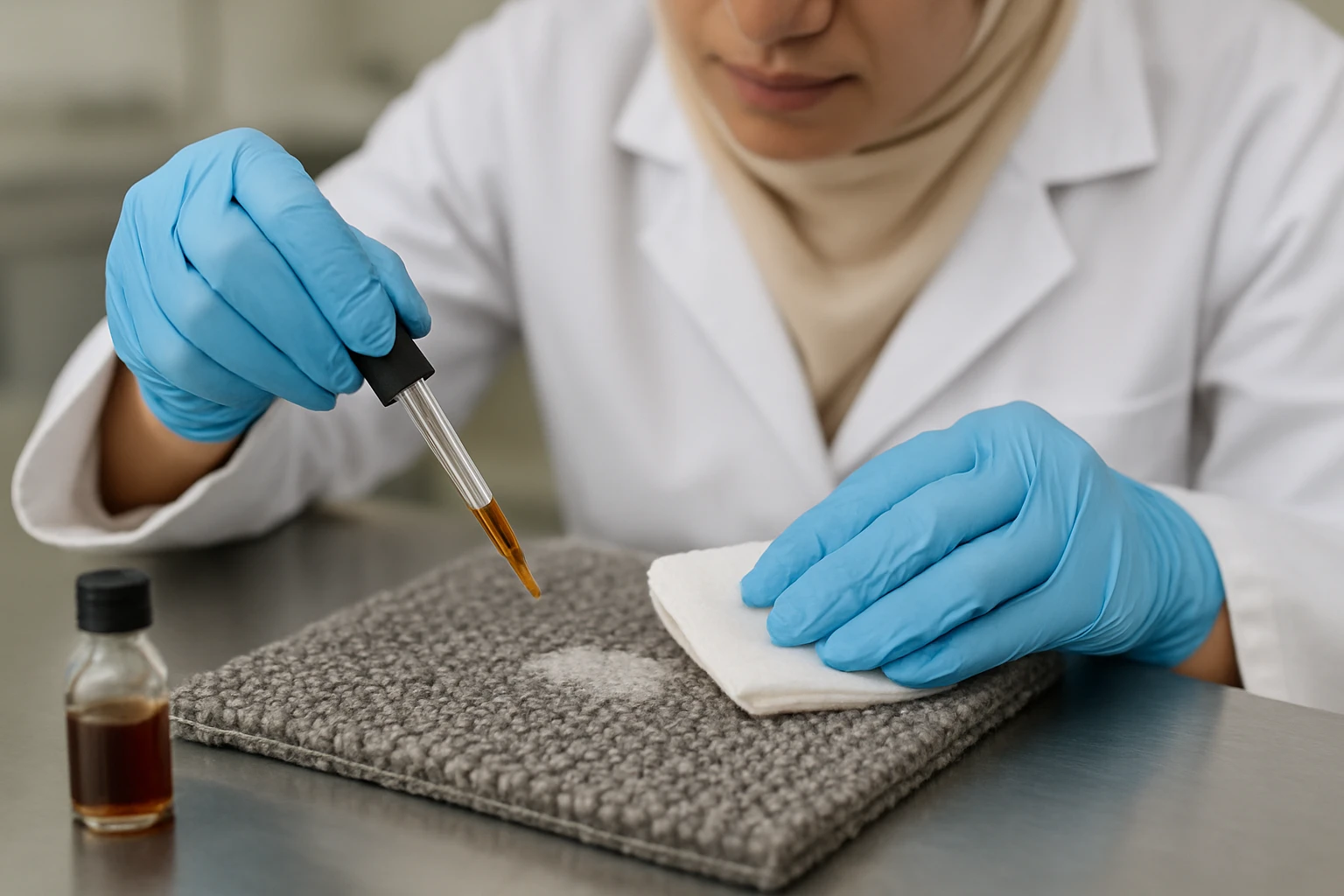 A technician blotting a white cloth on a nylon carpet tile sample to test stain resistance in a laboratory setting.