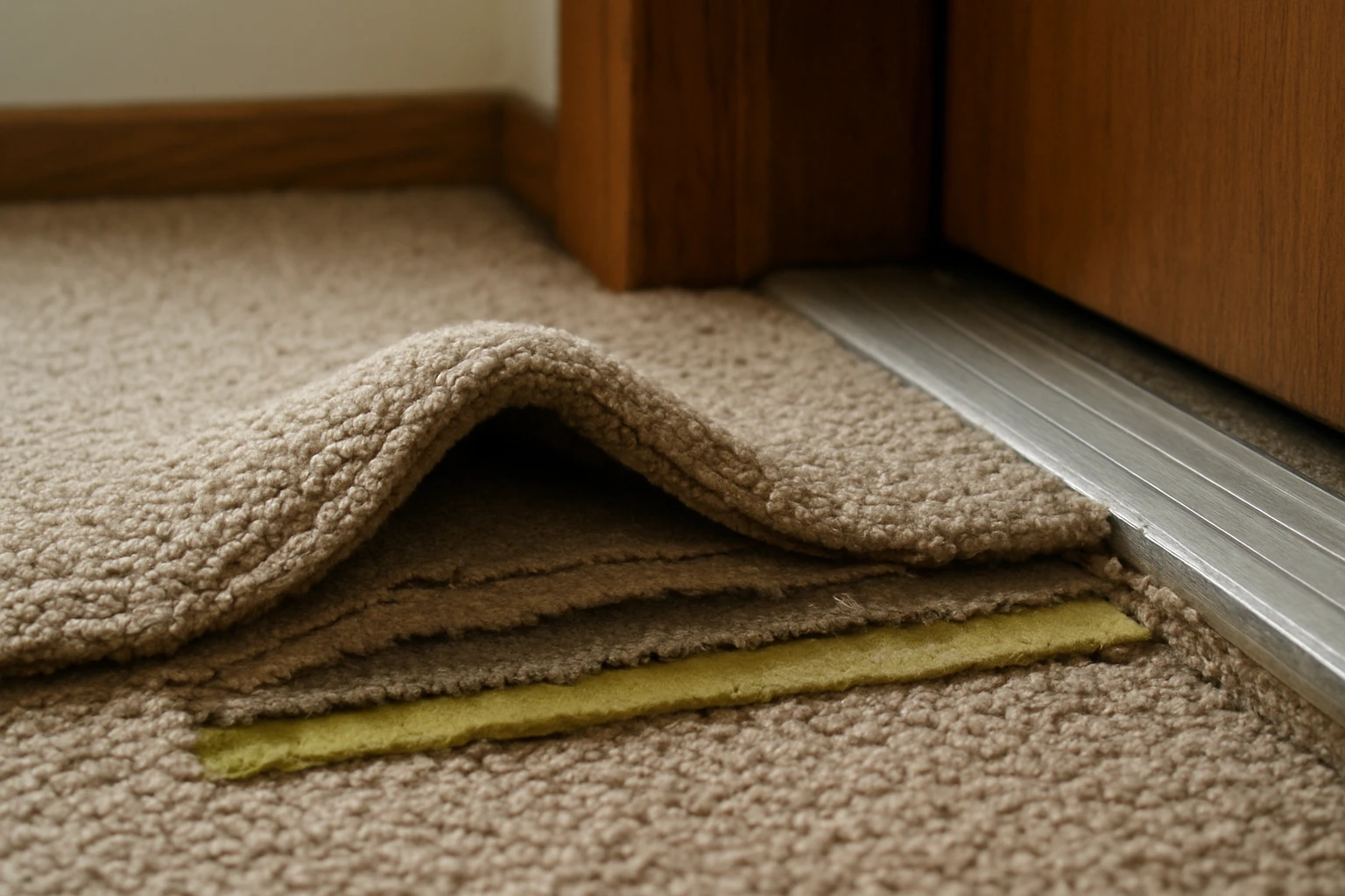 Buckled wall-to-wall carpet edge at a doorway showing a visible wrinkle and uneven underlay exposing a poorly joined seam.