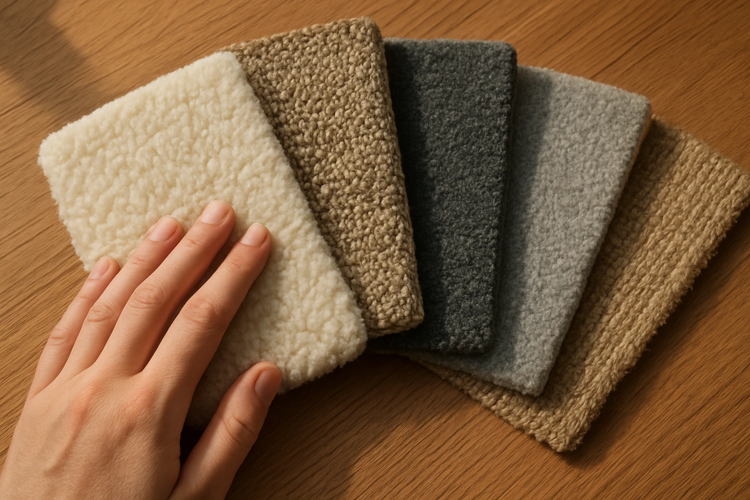 Carpet fiber samples — wool, nylon, polyester, triexta and sisal — arranged on a wooden table with a hand touching the wool s