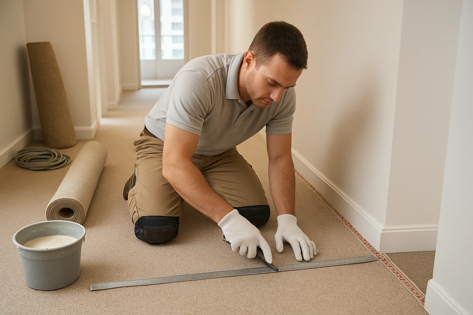 Carpet fitter measuring and cutting wall-to-wall carpet in a modern Dubai apartment hallway with underlay roll, tape measure,