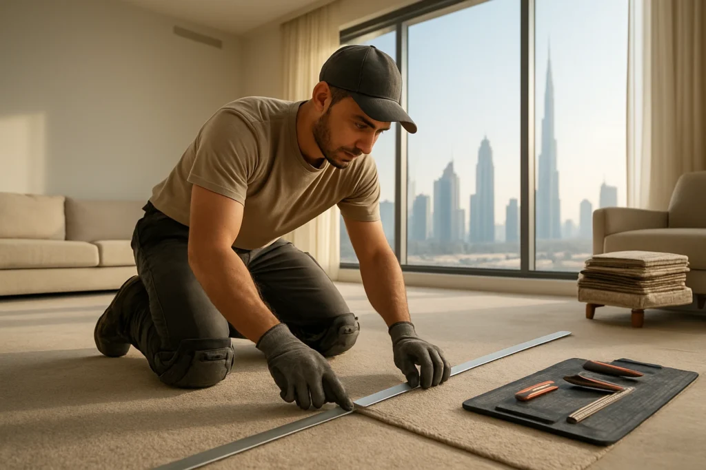 Carpet installer measuring a living room concrete subfloor in a Dubai apartment with carpet samples and tools beside him.