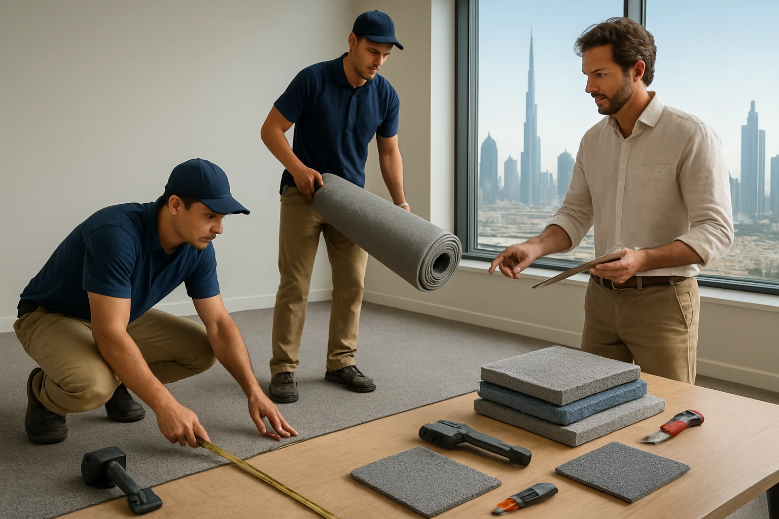 Carpet installers and a project manager comparing carpet samples, underlay and quotes in a Dubai office before installation.