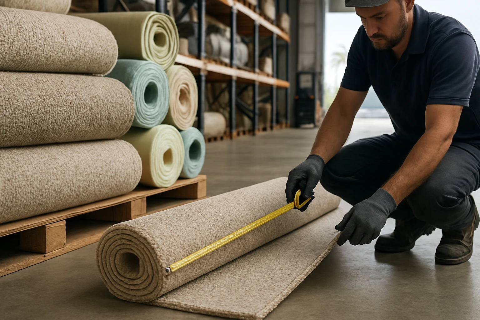 Carpet rolls and foam underlay stacked in a Dubai warehouse while a fitter measures a carpet roll near a forklift.