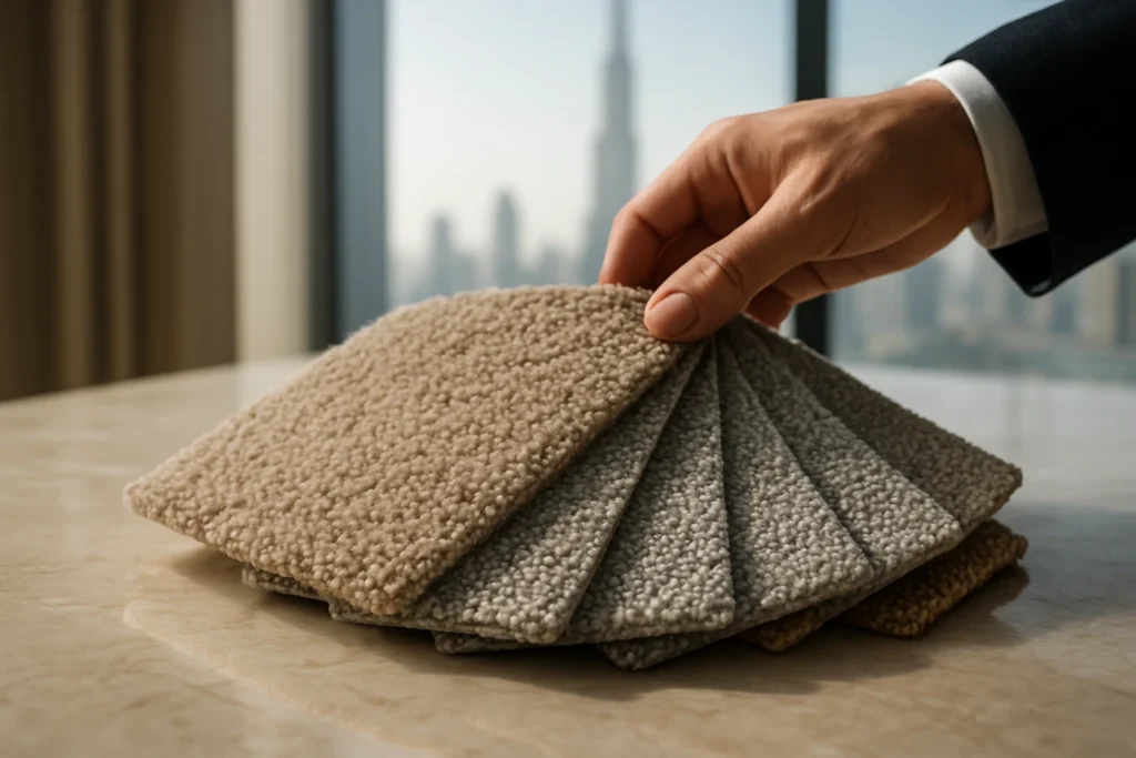 Carpet sample cards fanned on a marble table in a Dubai showroom showing wool, nylon, polyester and sisal textures.