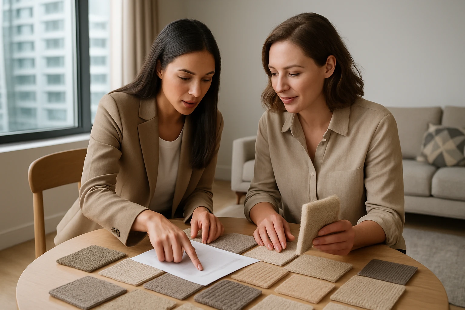 Carpet samples spread on a table while a consultant and homeowner review options in a modern Dubai apartment living space.