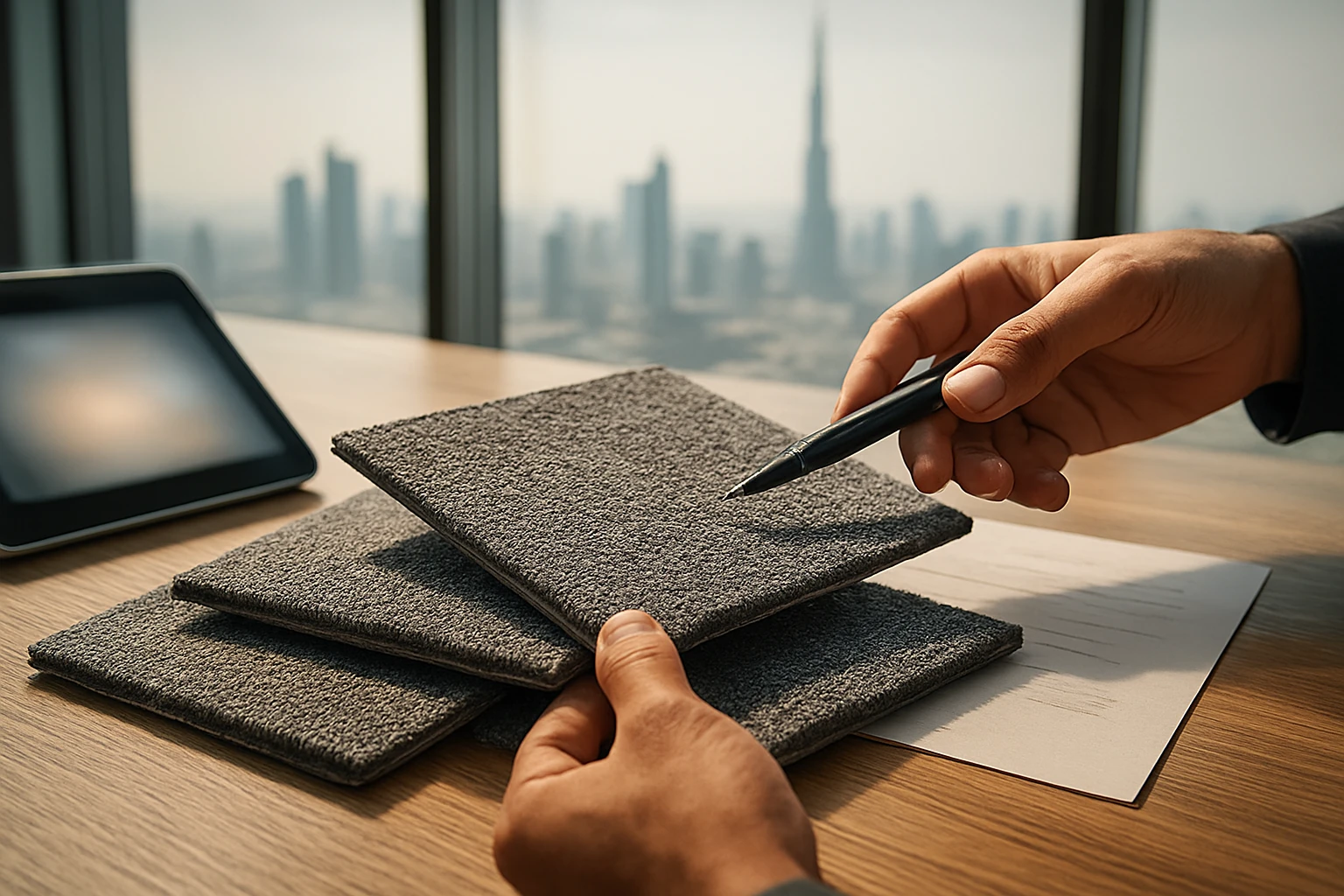 Carpet tile samples on a desk with a blurred estimate and tablet, hands examining a tile and Dubai skyline visible through th