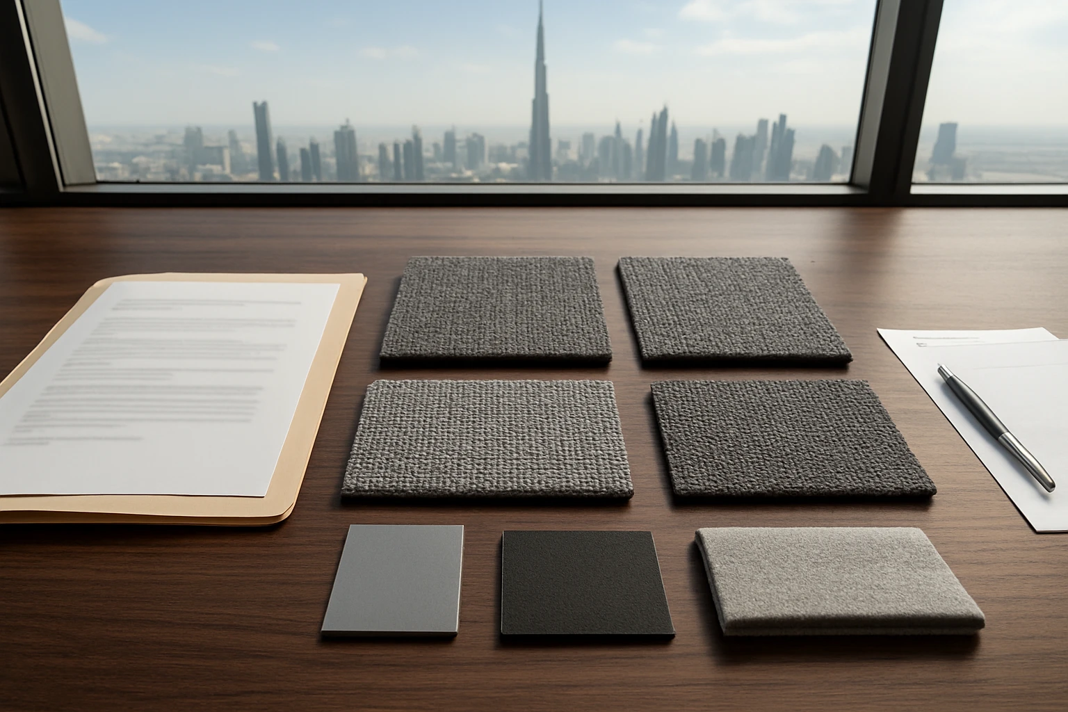 Carpet tile samples, PVC backing and rubber and foam underlay samples arranged on a conference table with the Dubai skyline v