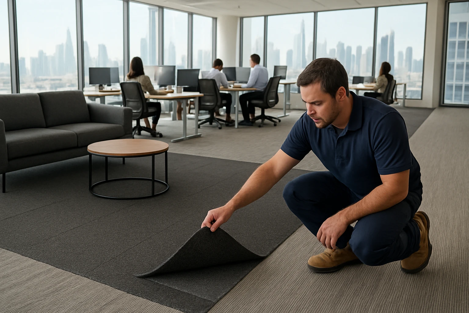 Carpet tiles creating darker seating zones and lighter patterned walkways in a Dubai open-plan office, a worker lifts a tile 