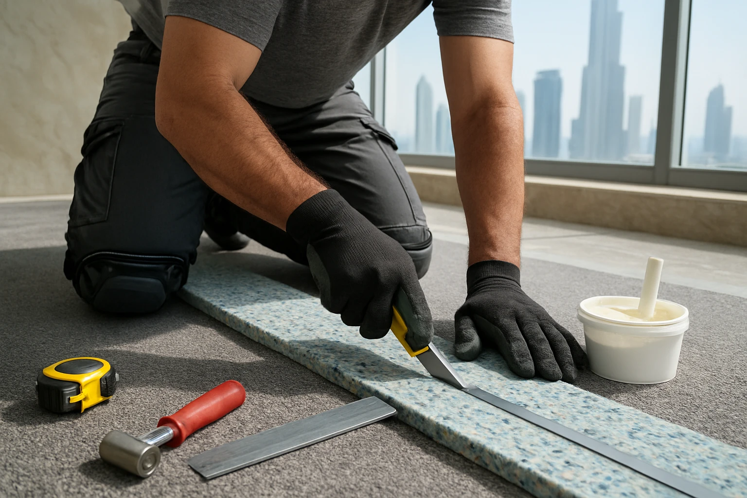 Carpet underlay being fitted in Dubai