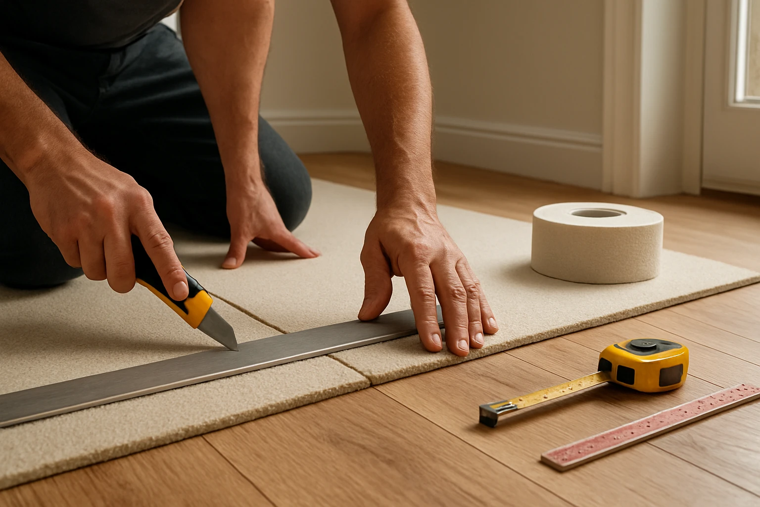 Carpet underlay being rolled out and trimmed with a utility knife along a skirting board by a professional installer.