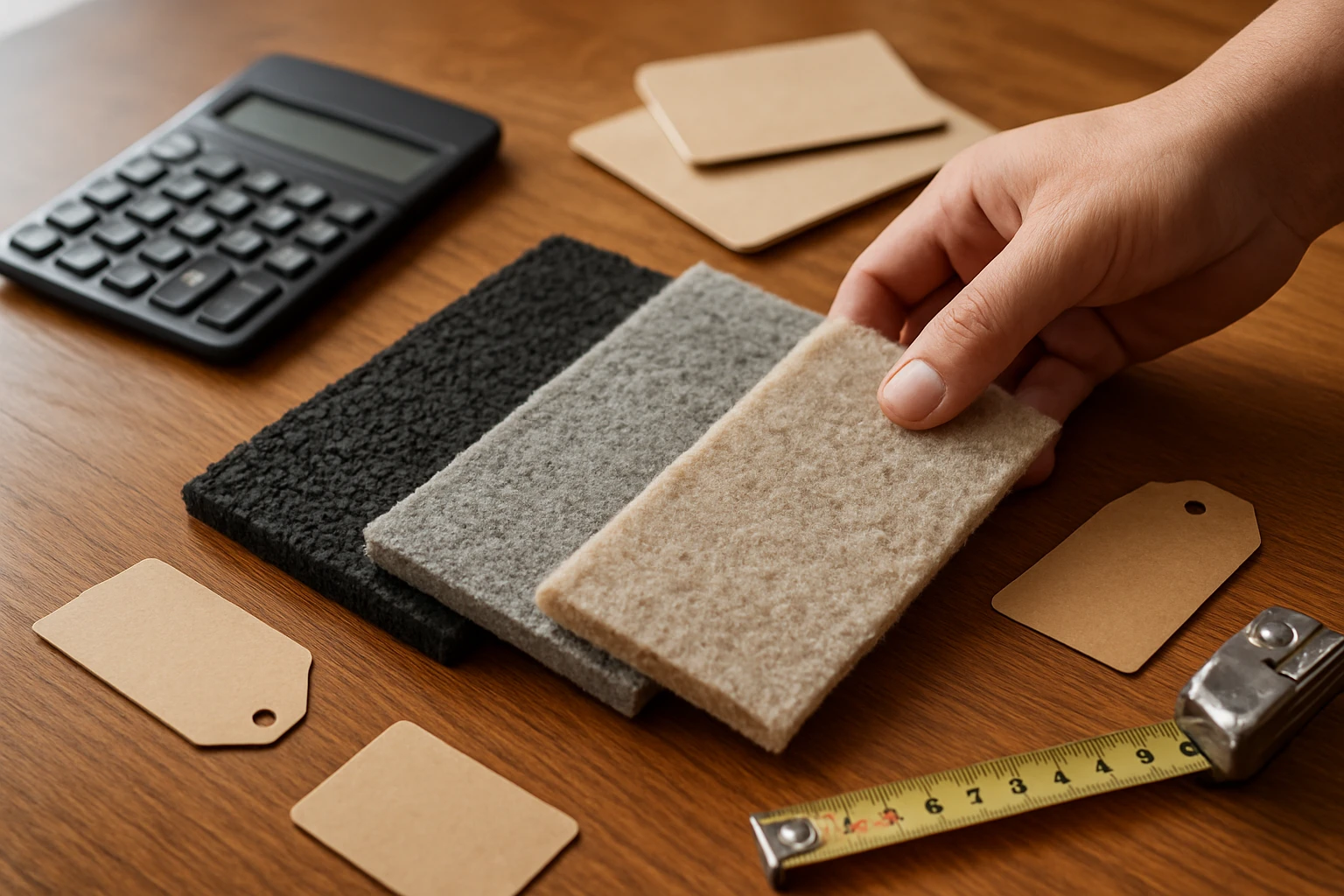 Carpet underlay sample strips (rubber crumb, rebond foam, wool felt) on a showroom table with a face-down calculator and warr