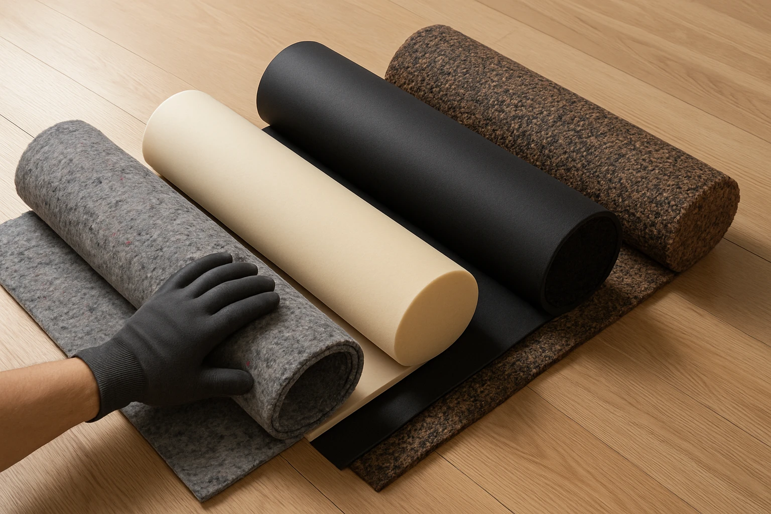 Carpet underlay types unrolled side-by-side on a showroom floor with a hand pressing the PU foam to show softness.