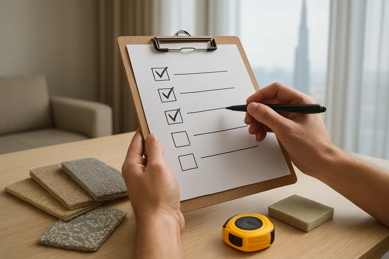 Clipboard with checklist and hand marking a checkbox beside carpet swatches, tape measure and underlay in a Dubai apartment.
