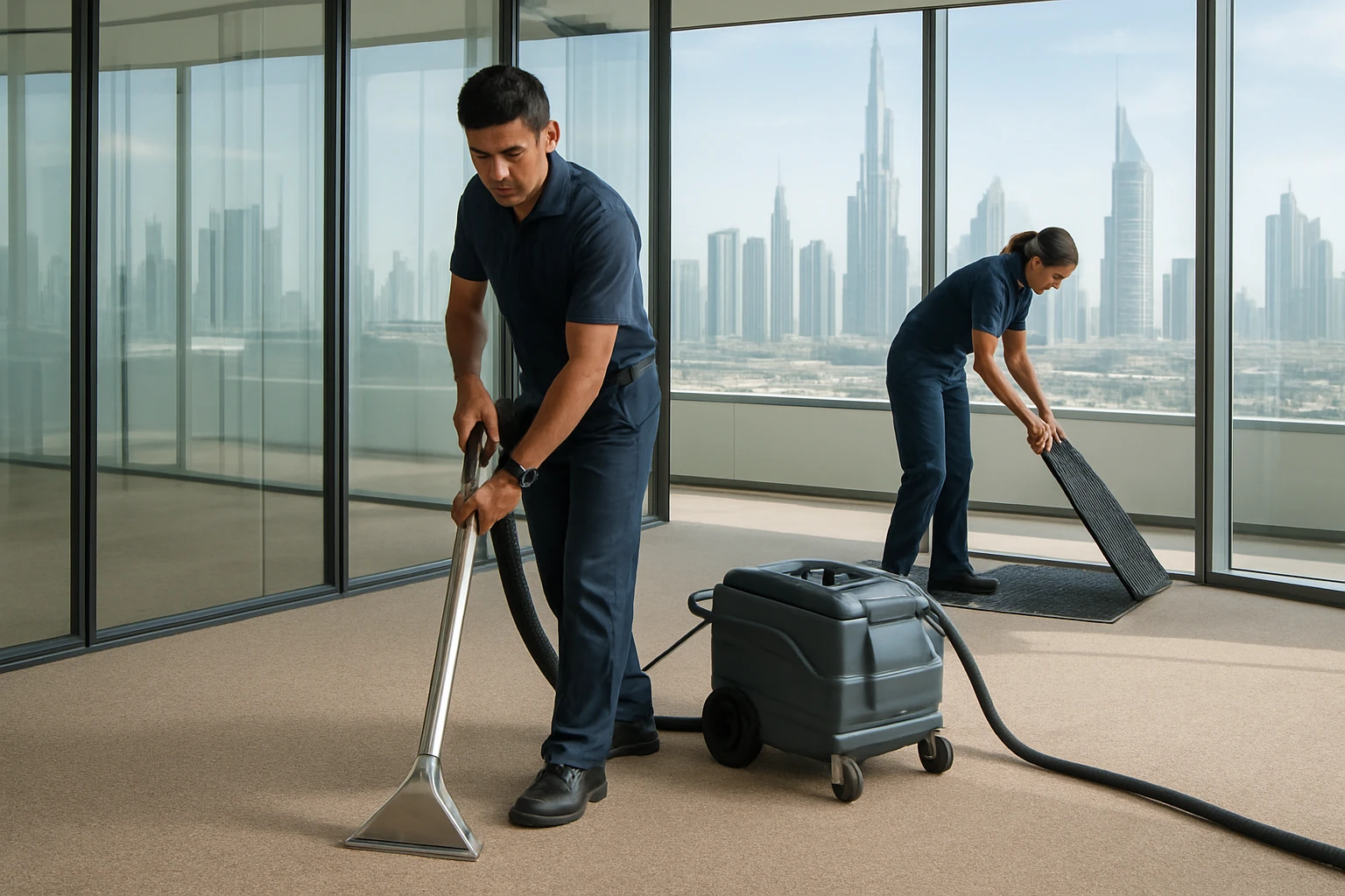 Commercial carpet extractor cleaning a sand-colored wall-to-wall office carpet beside glass partitions with Dubai skyline vis