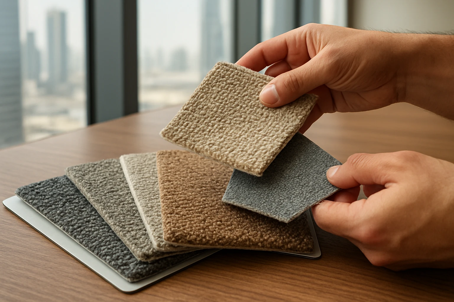 Commercial carpet sample cards showing nylon, polypropylene, PET and wool swatches on a showroom table with hands comparing t