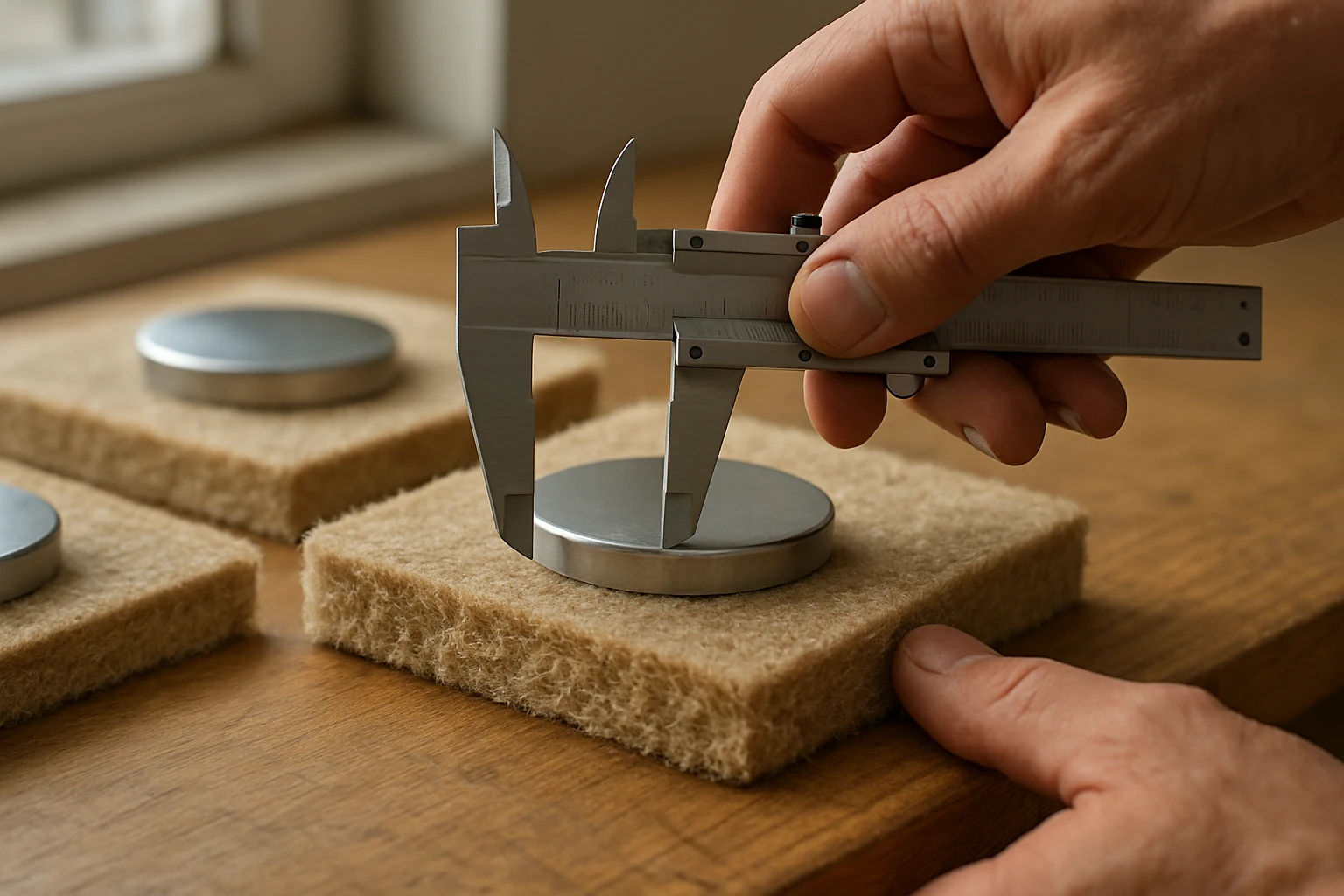 Contractor measuring thickness of a fibre carpet underlay sample with calipers, three samples showing different compression u