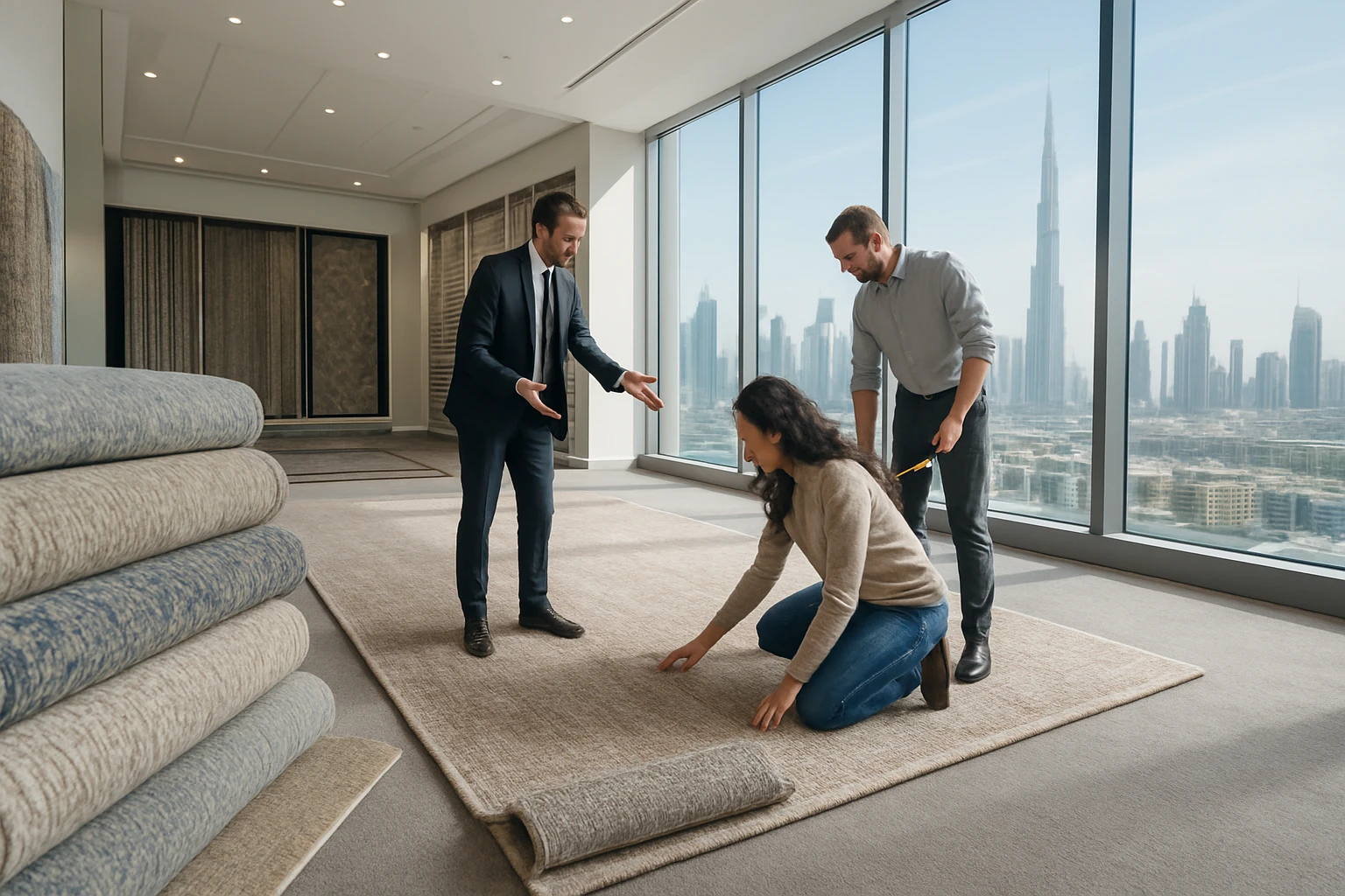 Customer inspecting carpet rolls and underlay samples in a Dubai showroom while a salesperson demonstrates measurements with 