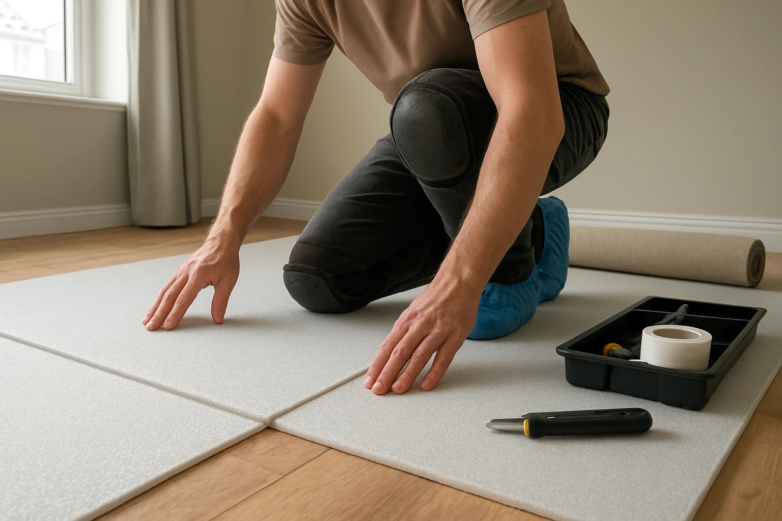 Dense foam carpet underlay being unrolled and aligned in a bedroom by a flooring installer with tools and window light.