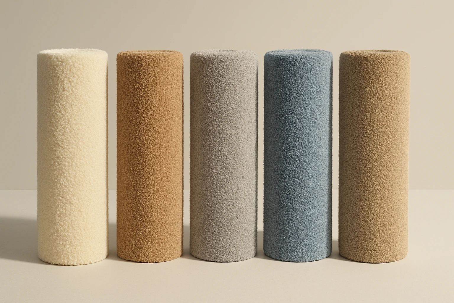 Five upright carpet rolls showing pile faces for wool, nylon, polyester, triexta and olefin on a neutral studio floor with so