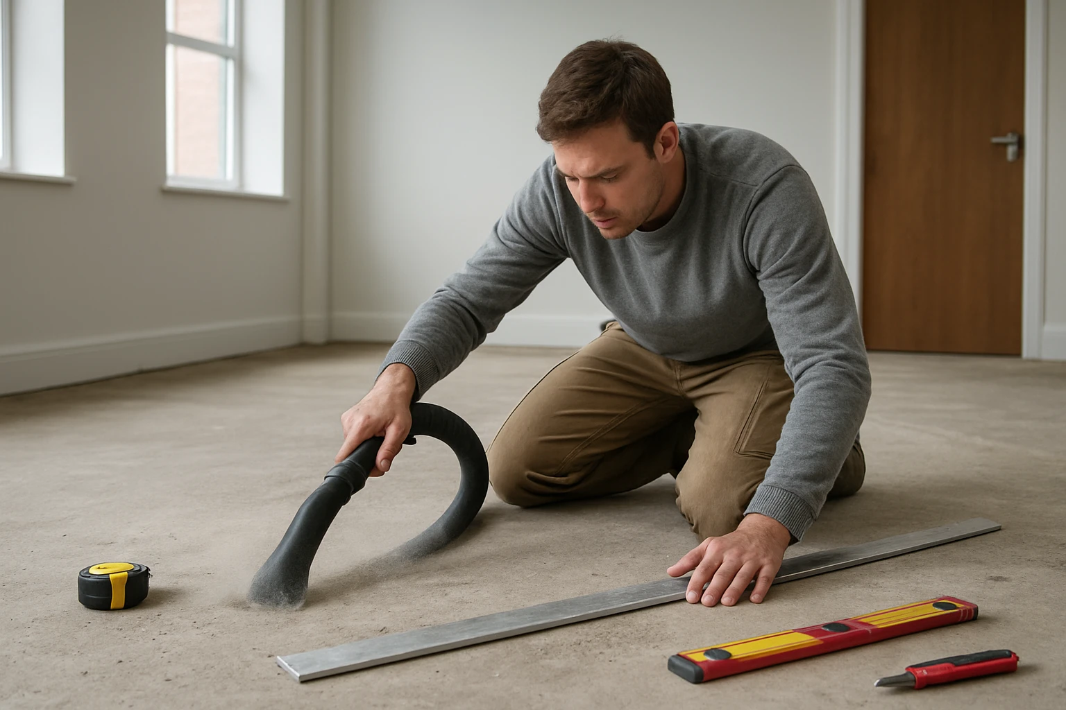 Flooring installer vacuuming a concrete subfloor and checking level with a metal straightedge in a mid-size office.
