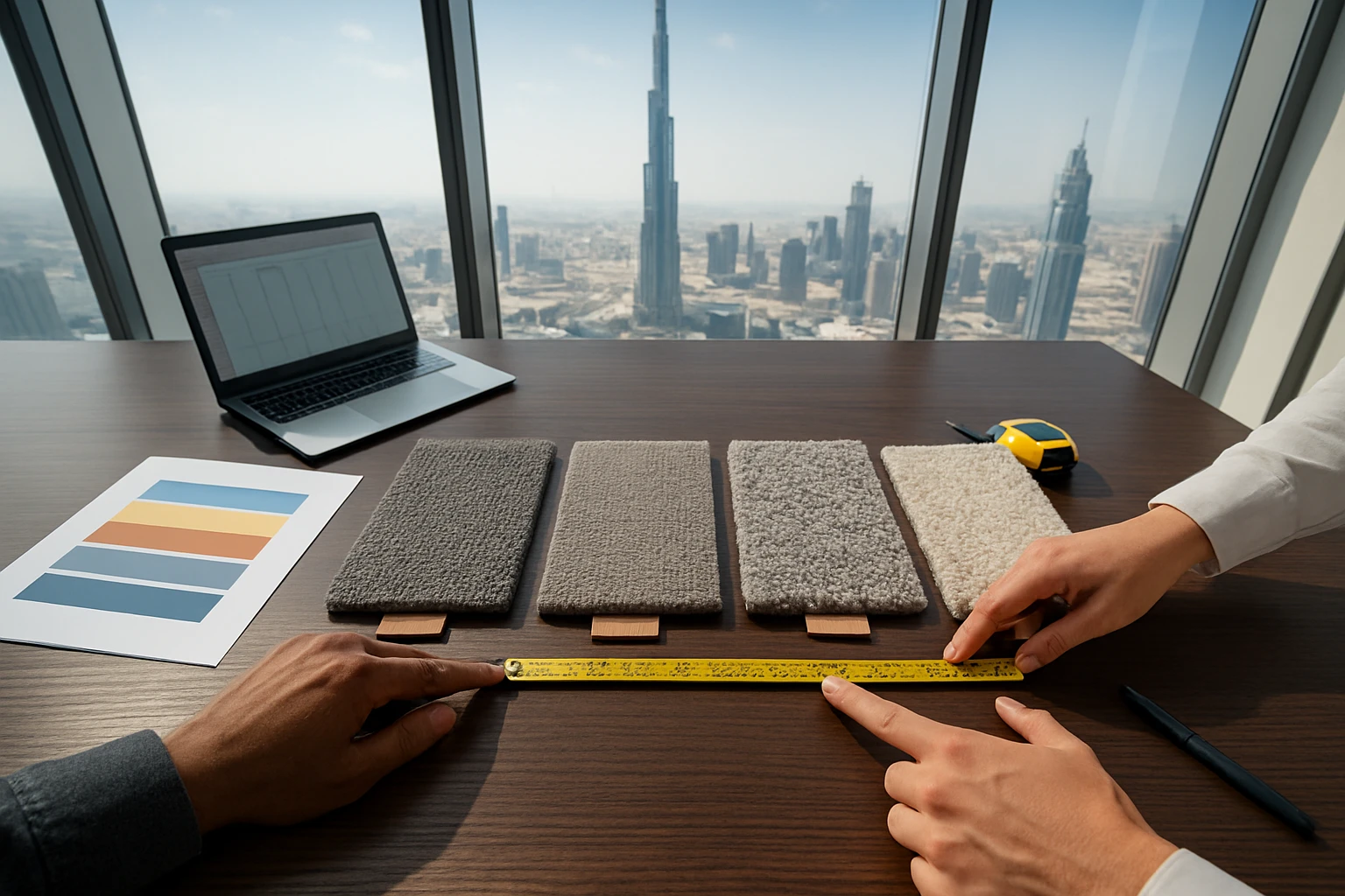Four carpet samples (nylon, polypropylene, PET, wool) laid out on a Dubai conference table with a blurred laptop and skyline 