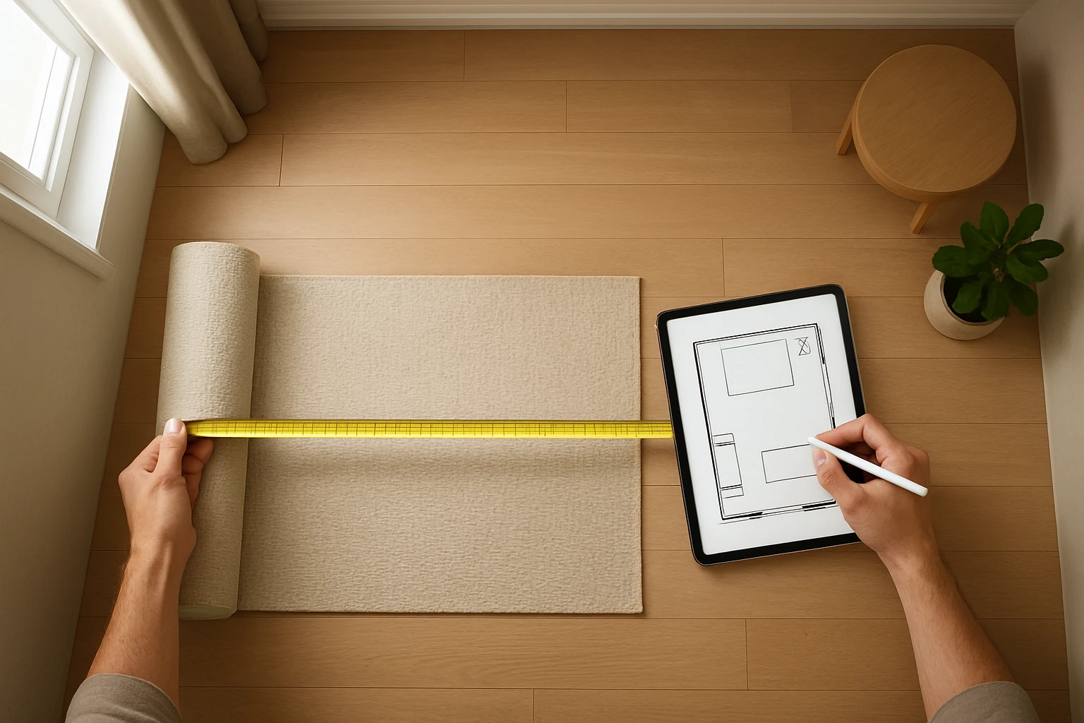Homeowner measuring a rectangular bedroom floor with a tape measure while sketching a floor plan on a tablet beside a partial