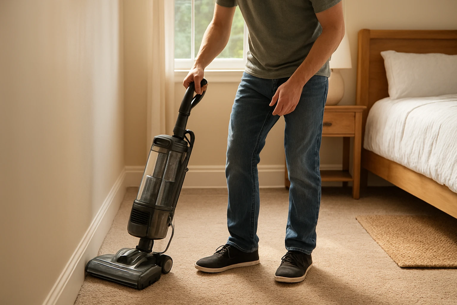 Homeowner using an upright HEPA vacuum to clean bedroom carpet along the baseboard with sunlight streaming through the window