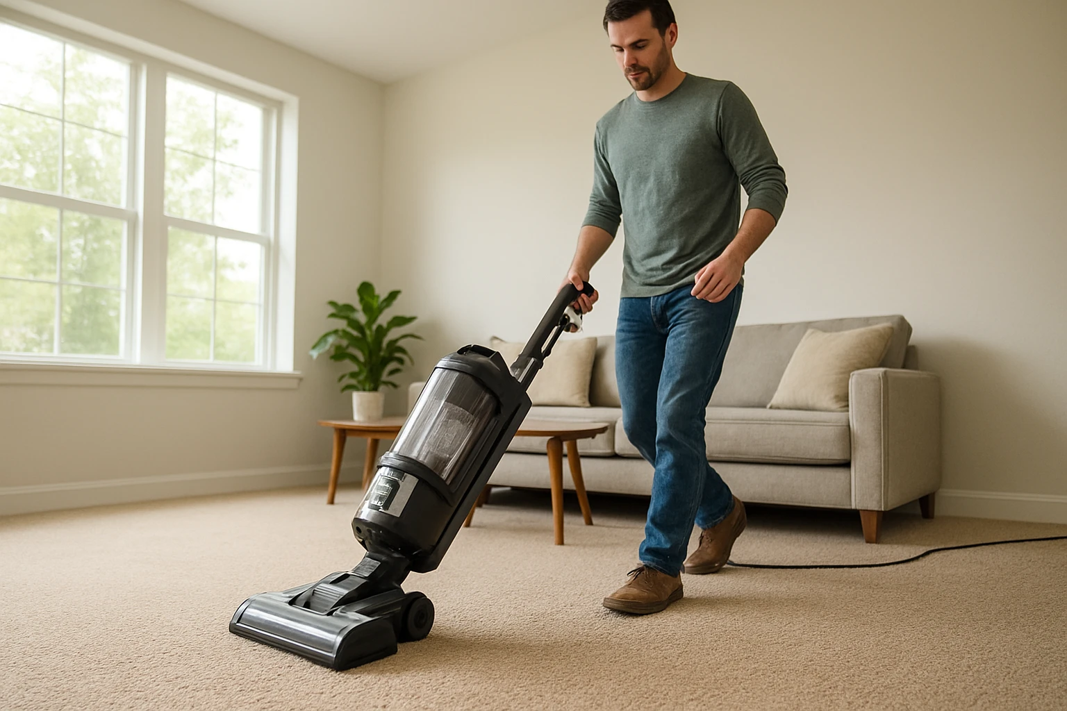 Homeowner vacuuming a newly installed wall-to-wall carpet in a sunlit family room, edges neatly tucked under baseboards.