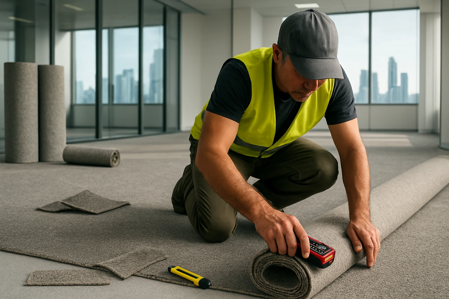 Installer measuring a wall-to-wall carpet roll over foam underlay in an open-plan Dubai office fit-out with offcuts nearby.