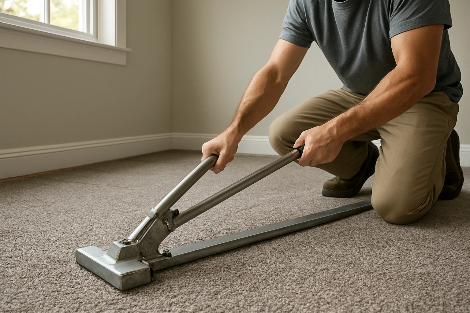 Installer using a long power stretcher to tension a wall-to-wall grey carpet along a baseboard in a living room.