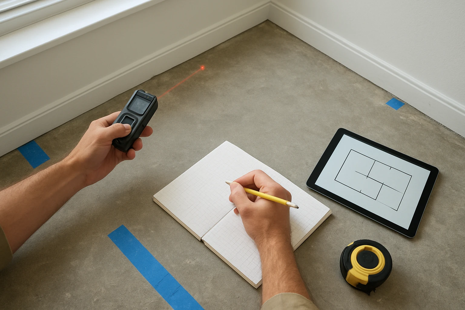 Measuring a room for wall-to-wall carpet with a laser measure, tablet floor plan, notebook and painter's tape on a concrete f