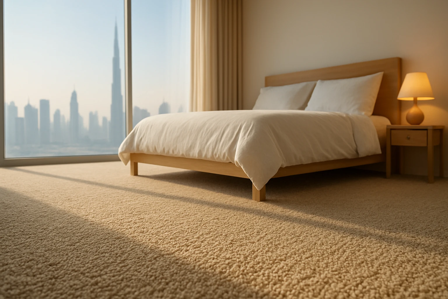 Mid-pile wool carpet in warm beige covering a sunlit Dubai master bedroom floor, with a white-linen queen bed and bedside rea