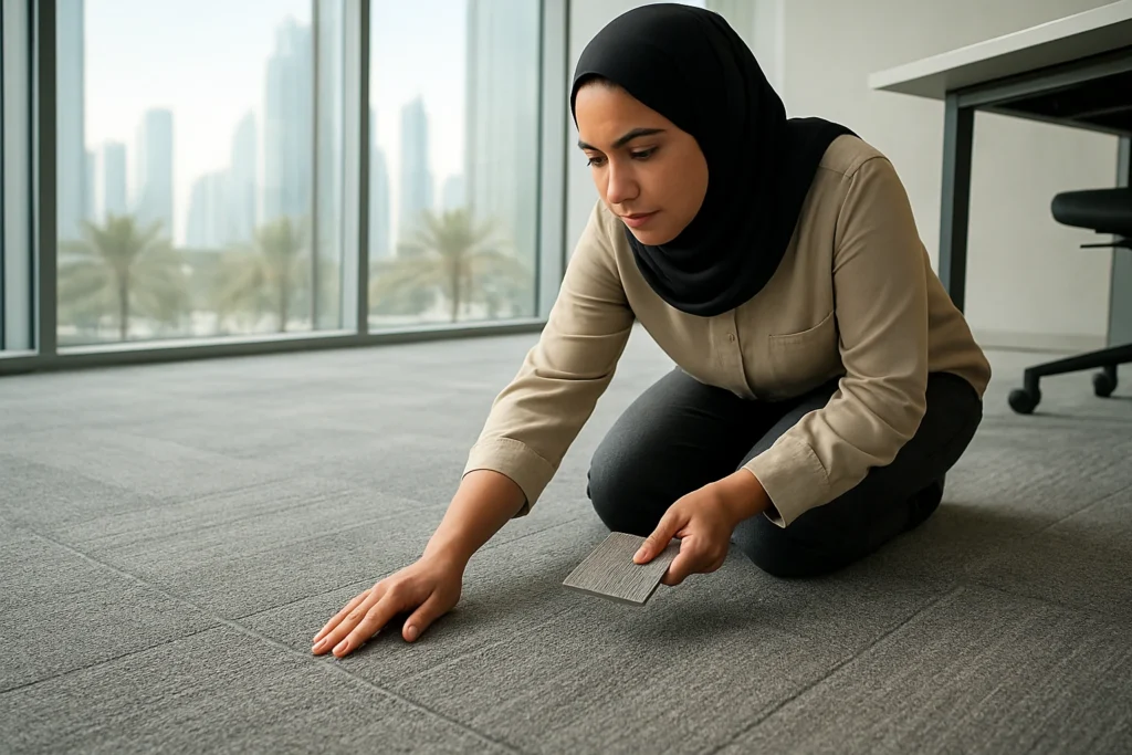 Neutral grey modular carpet tiles with visible seams being inspected by a facilities manager in a sunlit Dubai high-rise offi