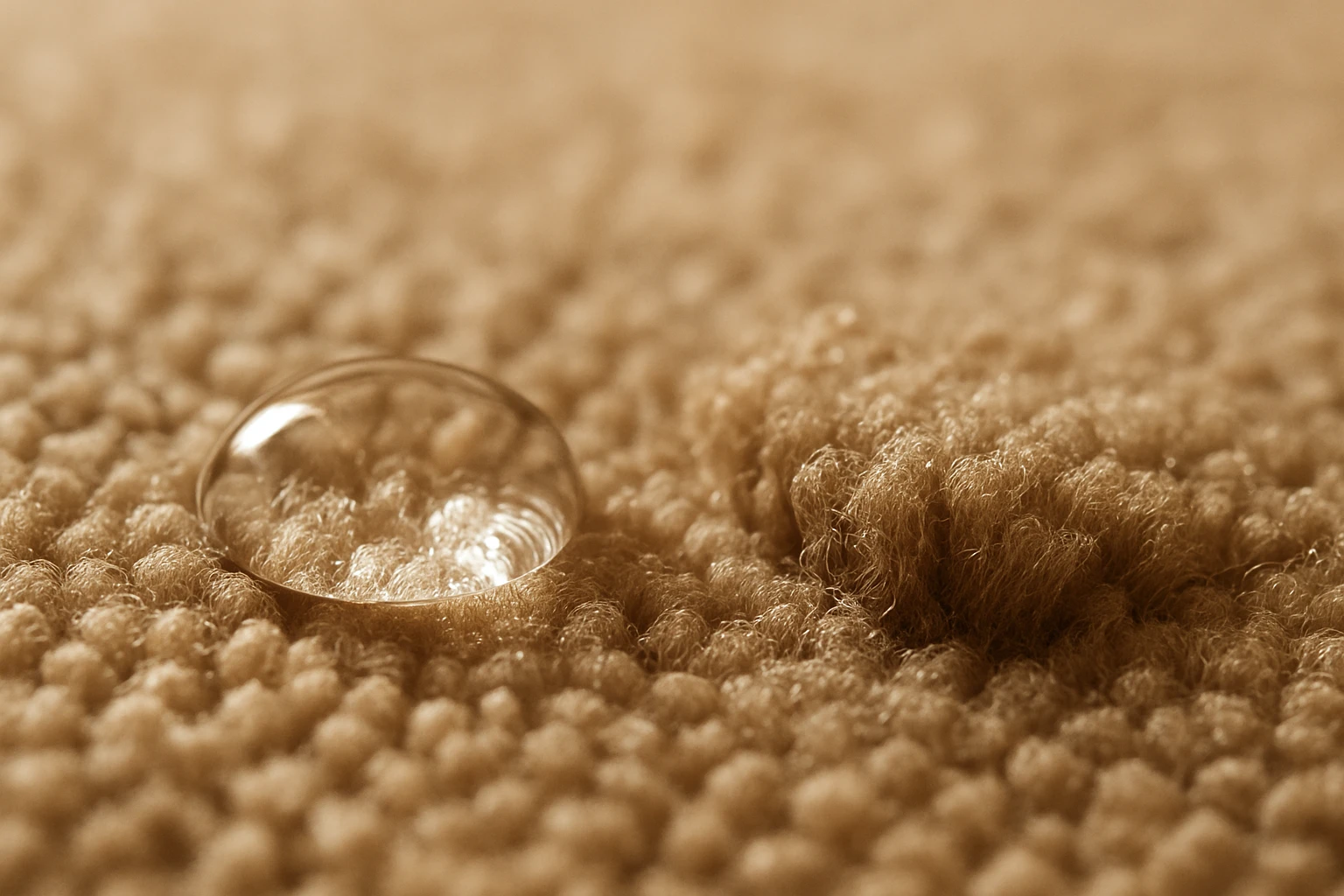 Nylon carpet close-up with a clear droplet beading on fibers and nearby pile visibly springing back from compression.