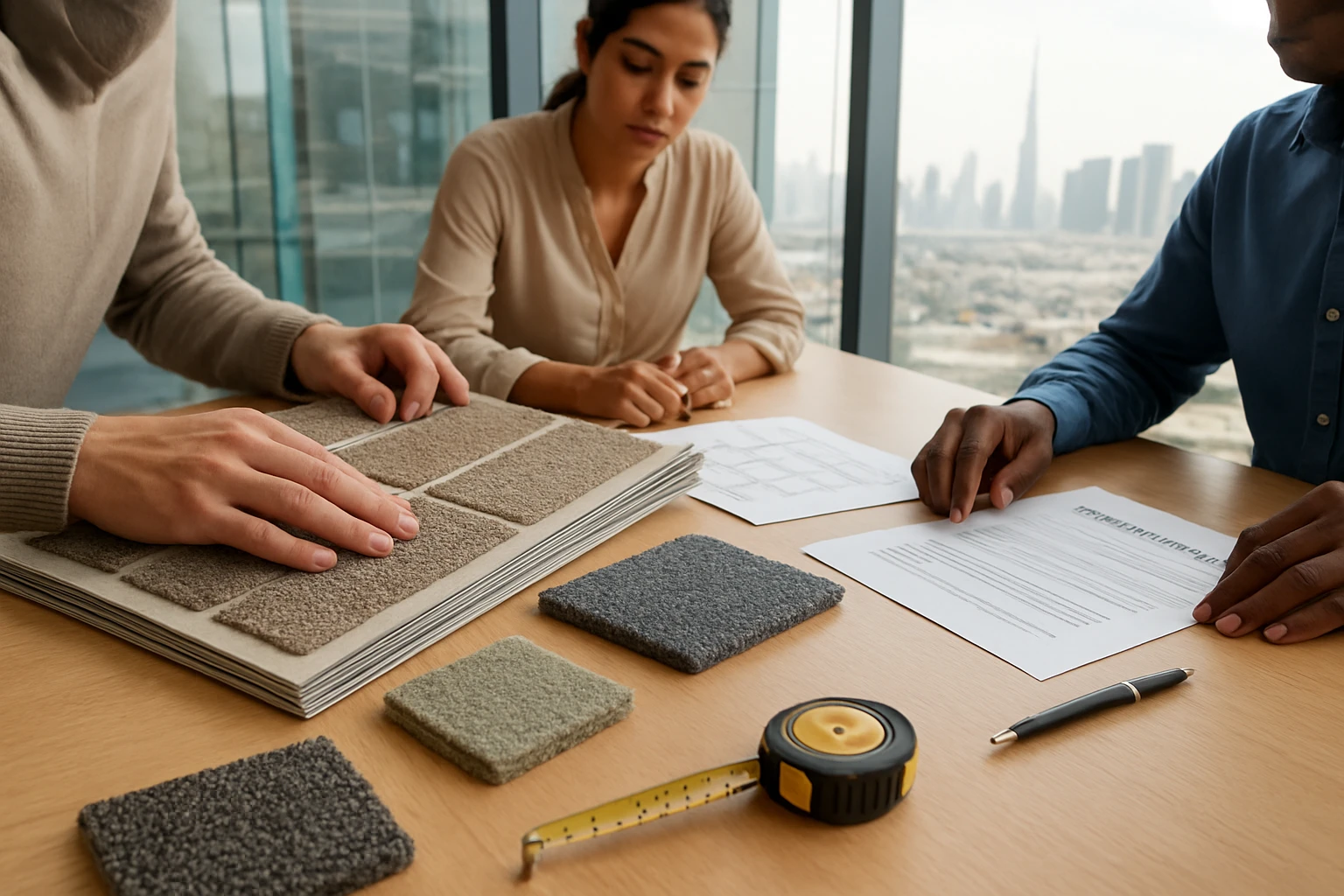 Office carpet samples and a supplier proposal on a conference table with Dubai skyline visible through the window.