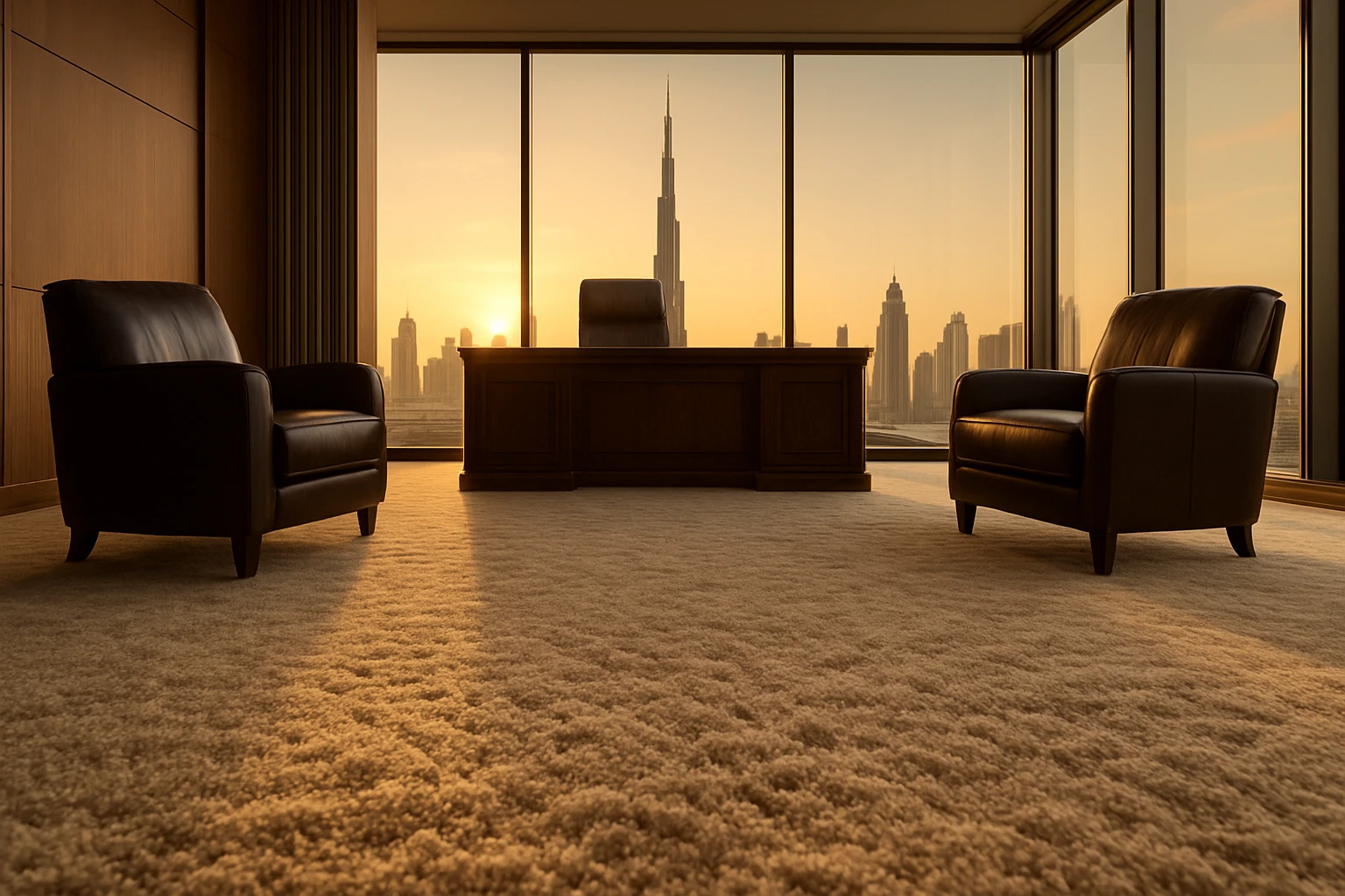 Plush wool carpet in a Dubai executive office with leather chairs, wooden desk and floor-to-ceiling city skyline view.