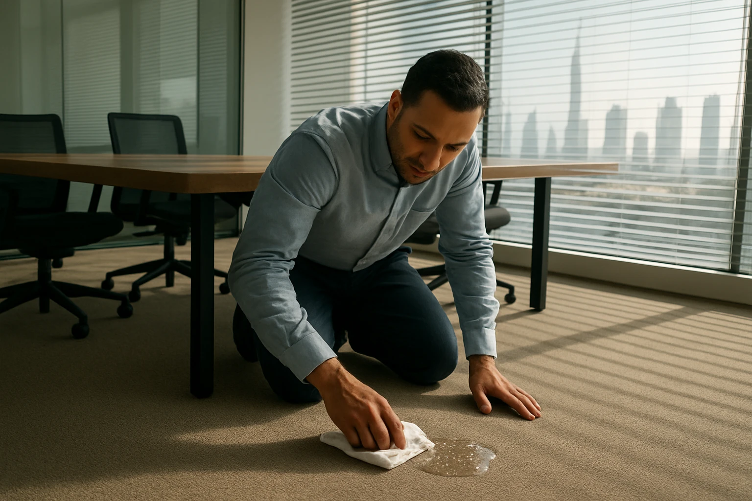 Polypropylene wall-to-wall carpet in a Dubai office meeting room with a small water spill being blotted with a white cloth.