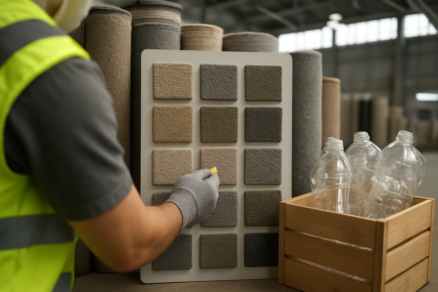 Recycled polyester (PET) carpet sample board and rolls in a Dubai warehouse with a technician applying a colored sticker and 