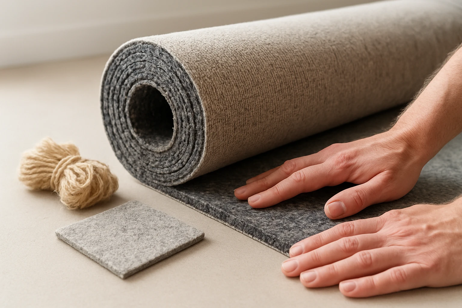 Recycled rubber carpet underlay roll unrolled to show dark rubber granules with a bundle of natural jute and wool fibers besi