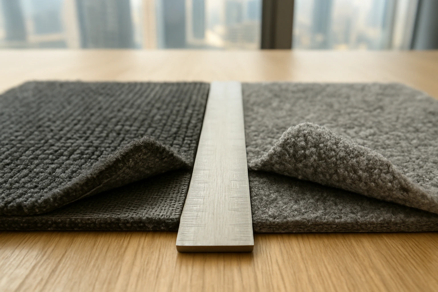 Side-by-side close-up of loop pile and cut pile office carpet samples showing backing and an unmarked steel ruler for scale i