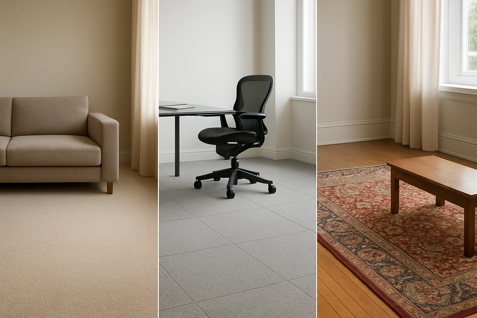 Side-by-side view of wall-to-wall carpet in a living area, carpet tiles in a modern office, and a traditional area rug on woo