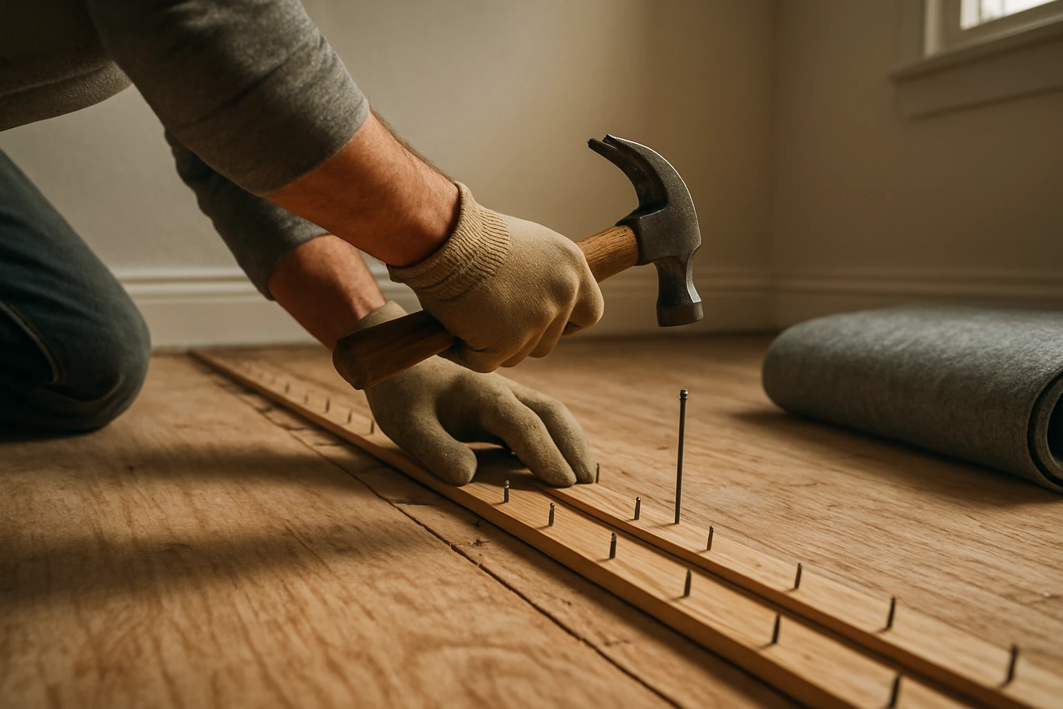Tack strips being nailed into a subfloor along a skirting board with a rolled carpet underlay ready to unroll.