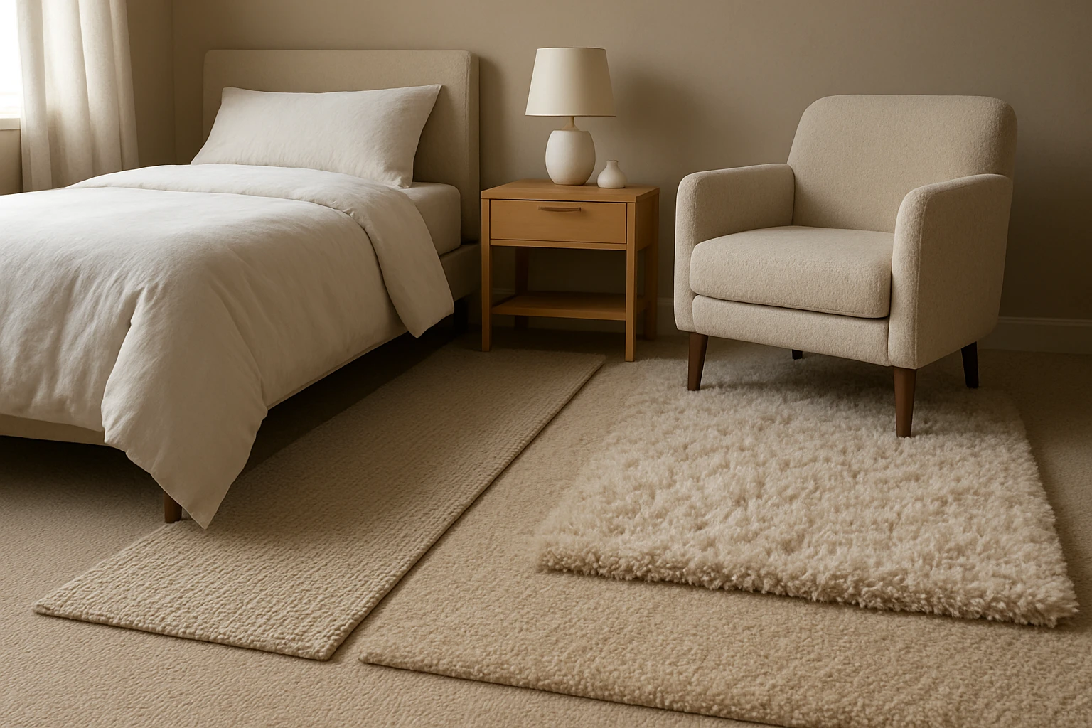 Three area rugs — low-loop runner, mid cut-pile, and plush high-pile — layered over neutral bedroom carpet showing different 