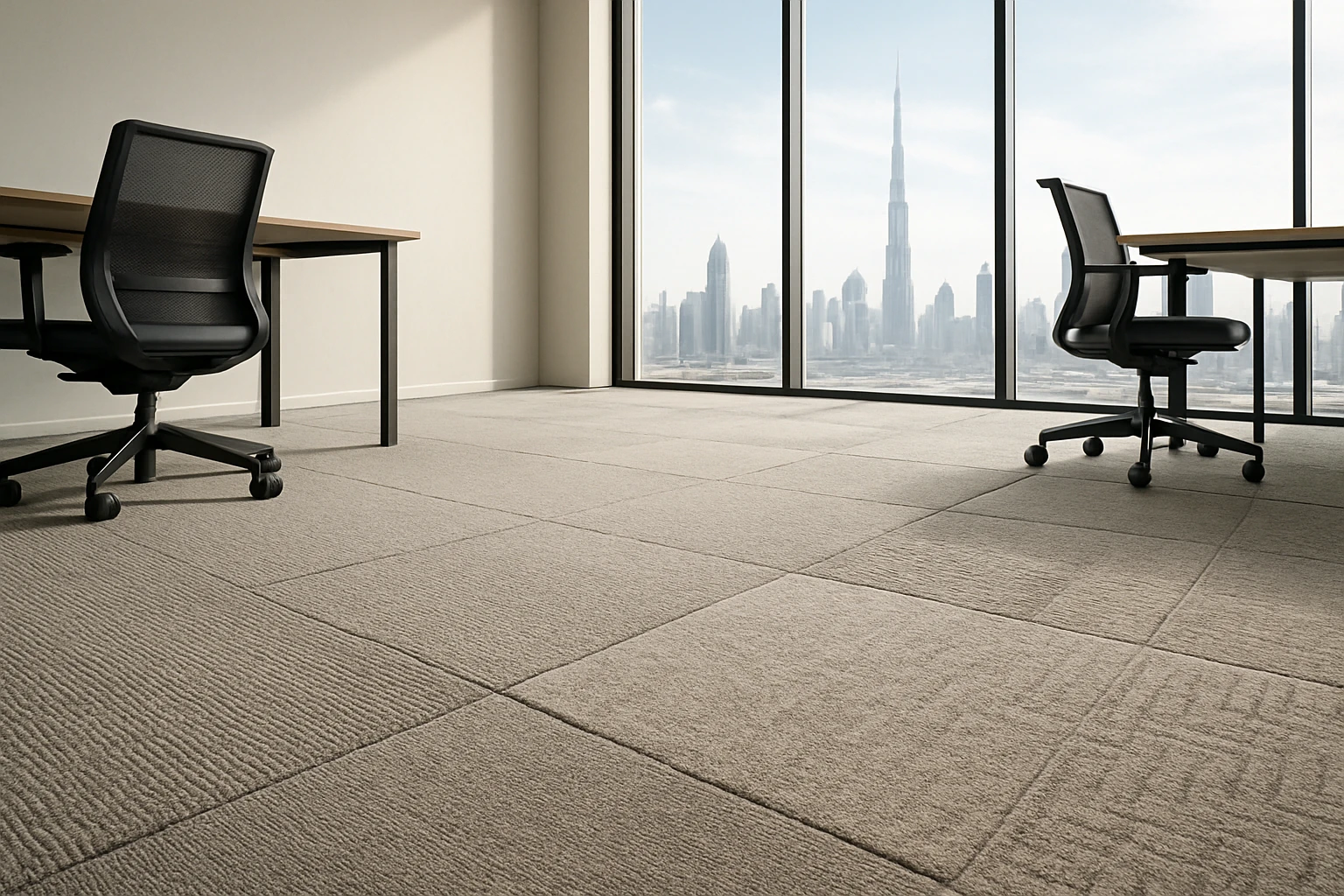 Three carpet tile sample zones showing loop pile, cut pile, and textured modular tufted tiles in a Dubai office showroom.