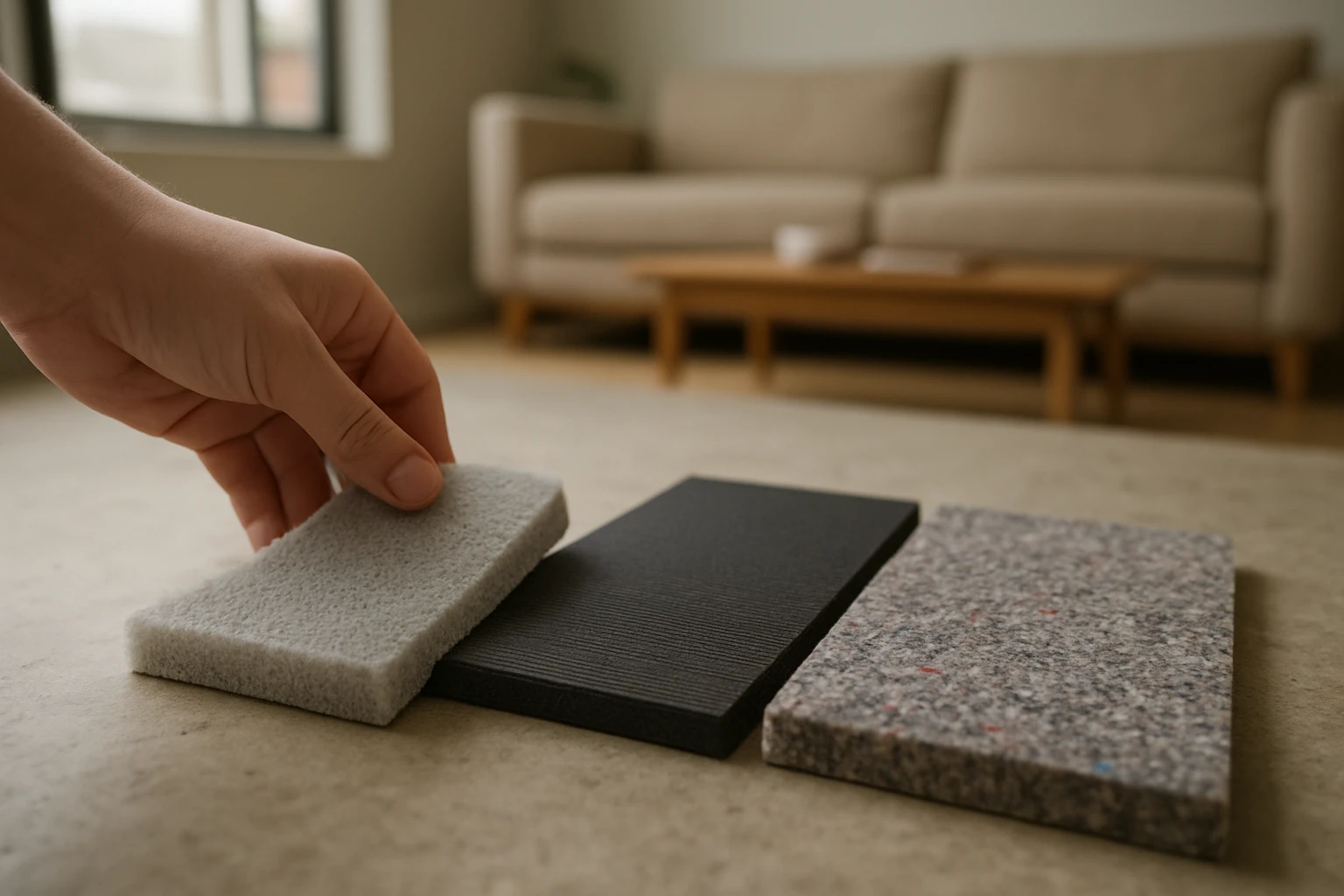 Three carpet underlay samples—foam, dense rubber and rebond felt—on a concrete subfloor with a homeowner's hand comparing the