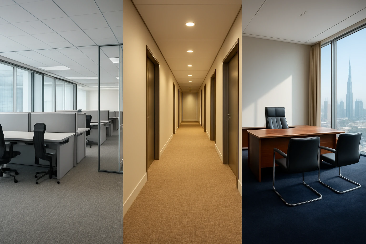 Three commercial carpet scenes: grey low-pile open-plan, patterned loop corridor, and navy plush executive suite in a Dubai o