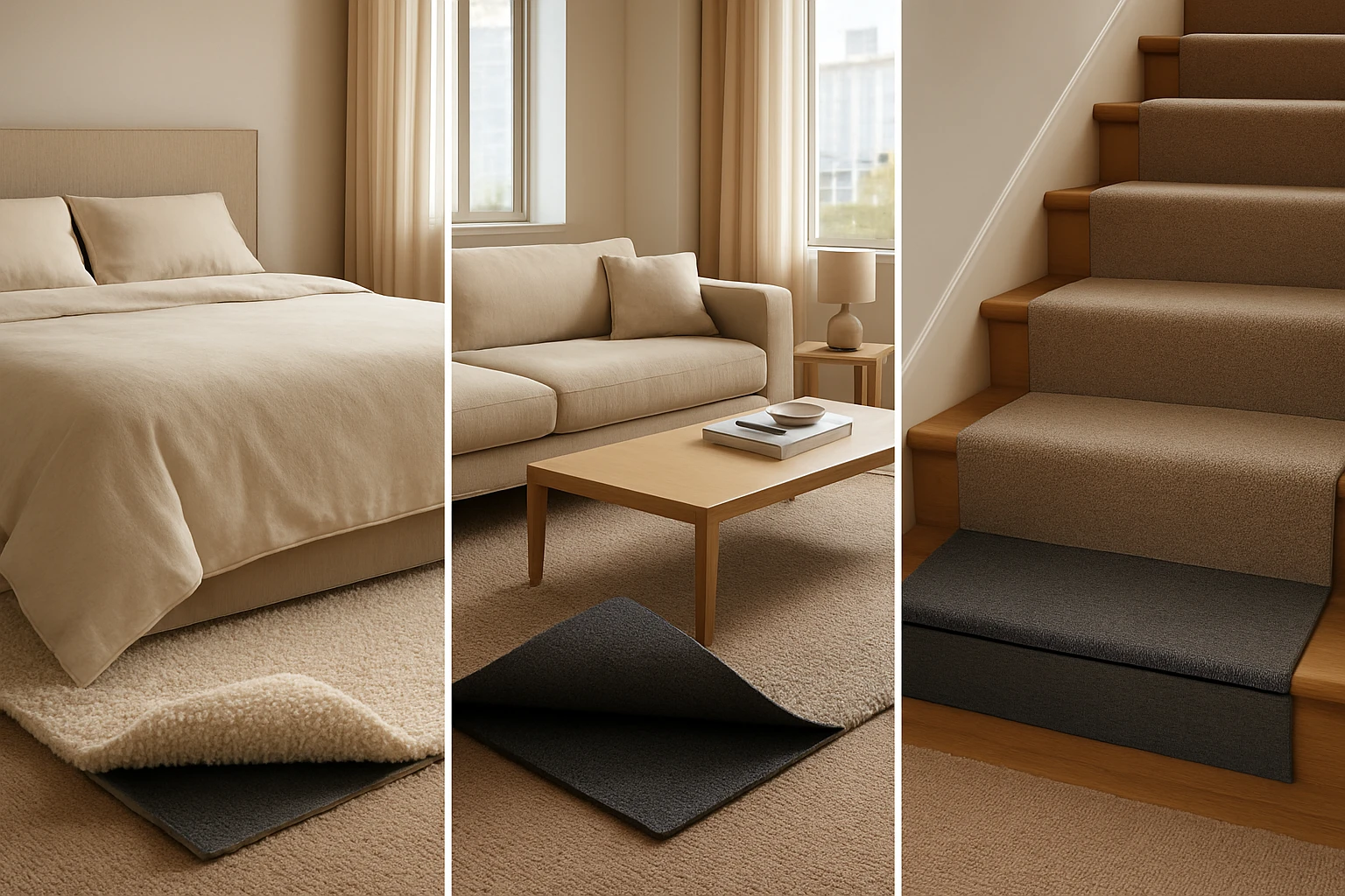 Three side-by-side room scenes showing carpet underlay samples: thick bedroom underlay, medium high-density living room under