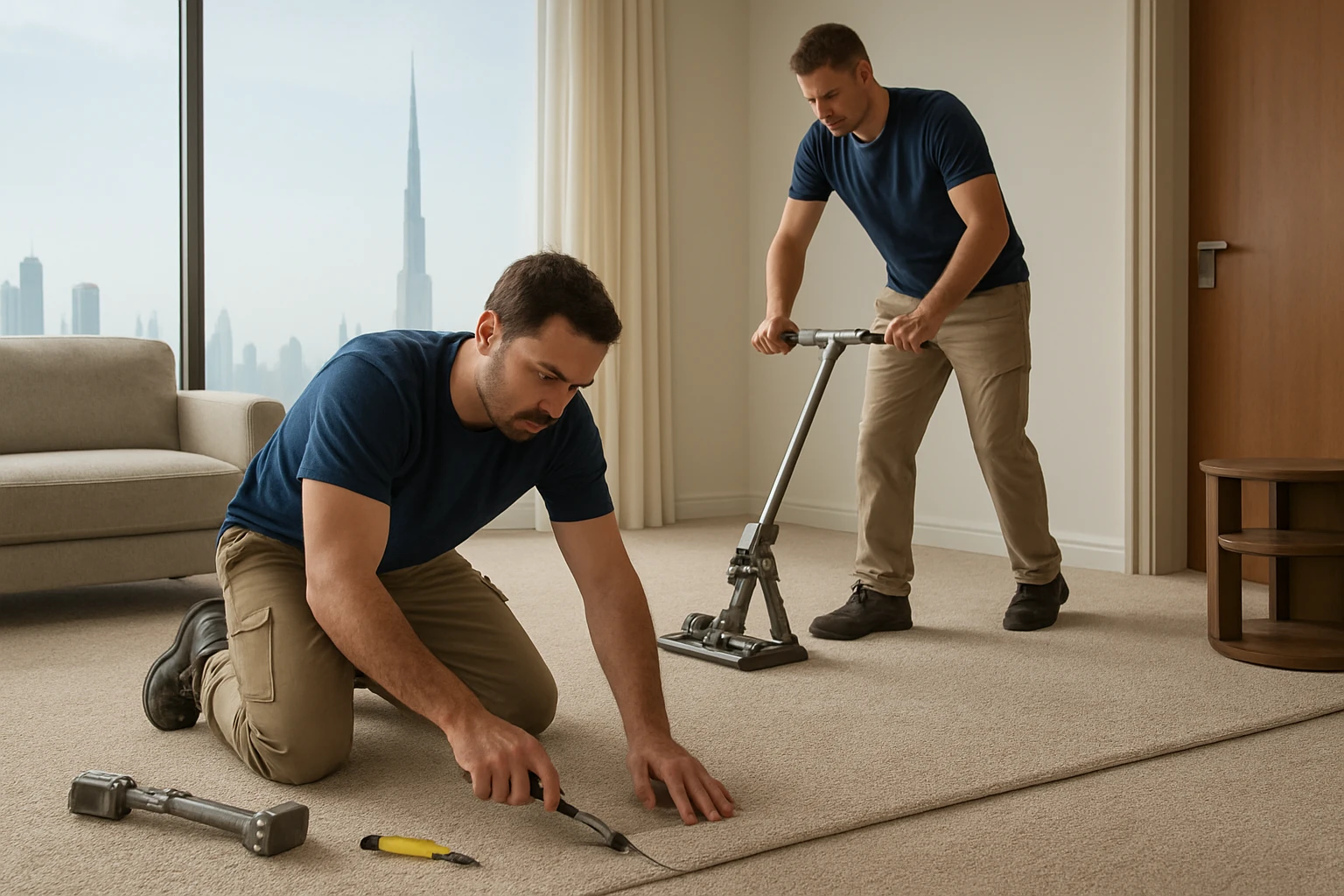 Two carpet fitters aligning a seam and using a power stretcher to install wall-to-wall carpet in a Dubai living room.