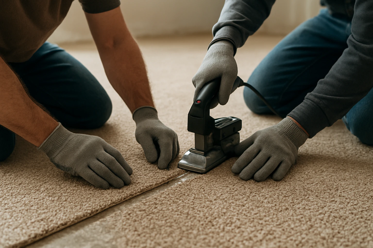 Two carpet installers aligning and seaming two carpet panels on a concrete subfloor using seam tape and a hot seaming iron.